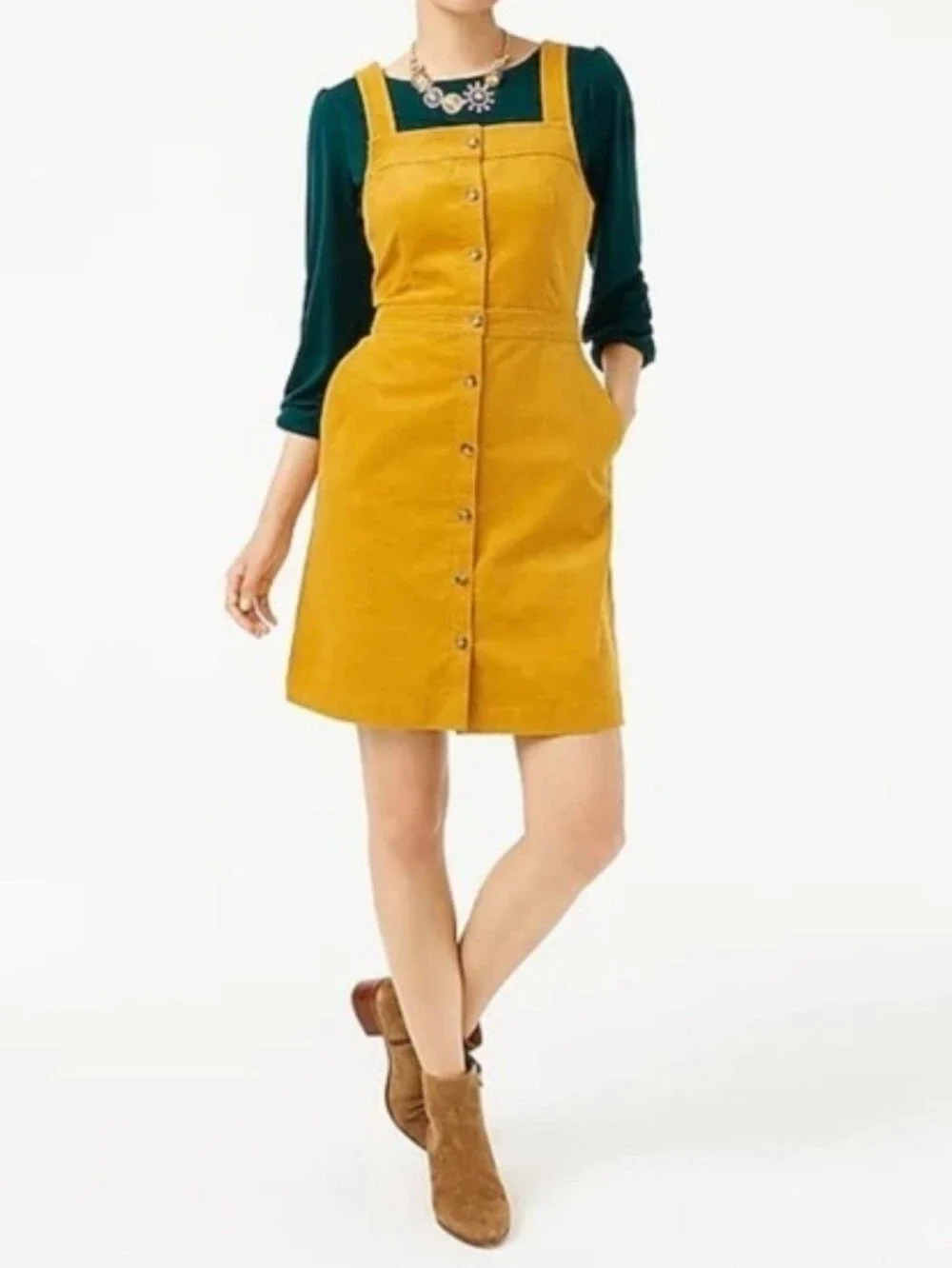 J Crew Mustard Corduroy Jumper Dress Size 8 Button Front Twee Schoolgirl Preppy